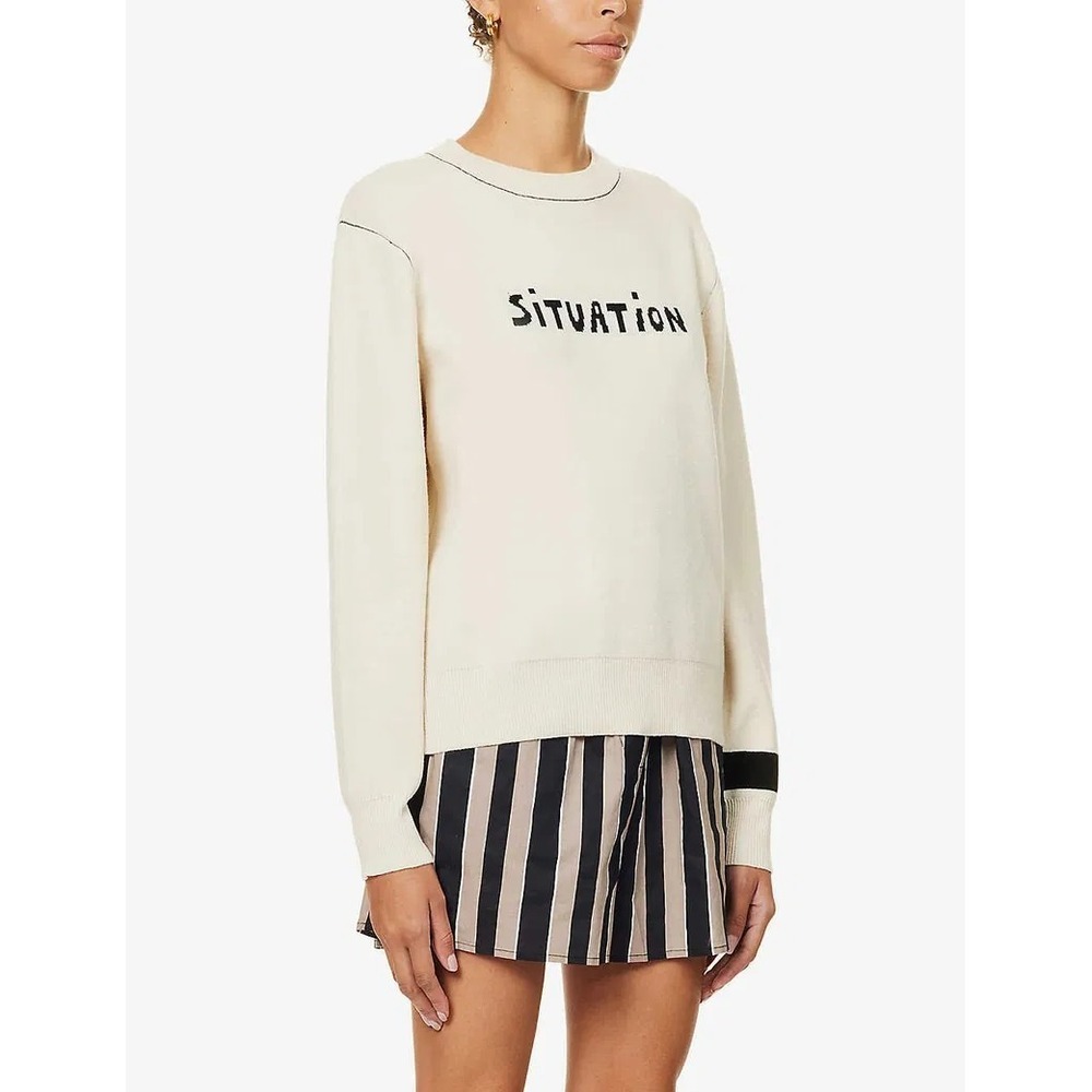 BELLA FREUD Situation Cream Text-Print Wool And Cotton-Blend Jumper Sweater Sz L